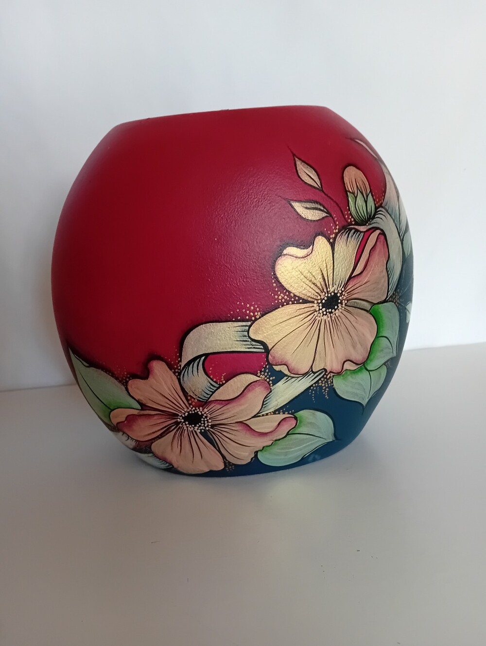 Hand-Painted Oval Floral Ceramic Accent Vase in Red Blue Green And Gold
